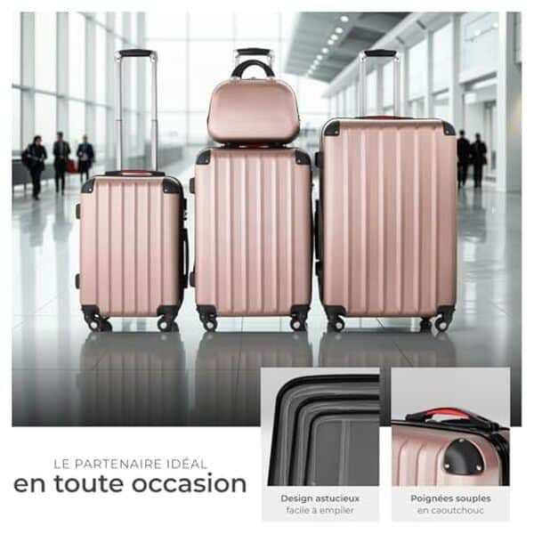 Découvrez notre test complet du lot de 4 valises tectake multifonction en ABS or rose : qualité, durabilité et praticité pour vos voyages en famille. 