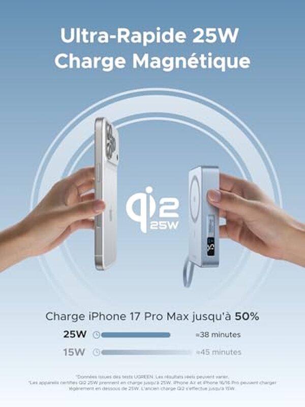 Découvrez notre test détaillé de la batterie externe UGREEN MagFlow Qi2 25W : performances, charge rapide et praticité. Avis complet sur ce chargeur sans fil. 